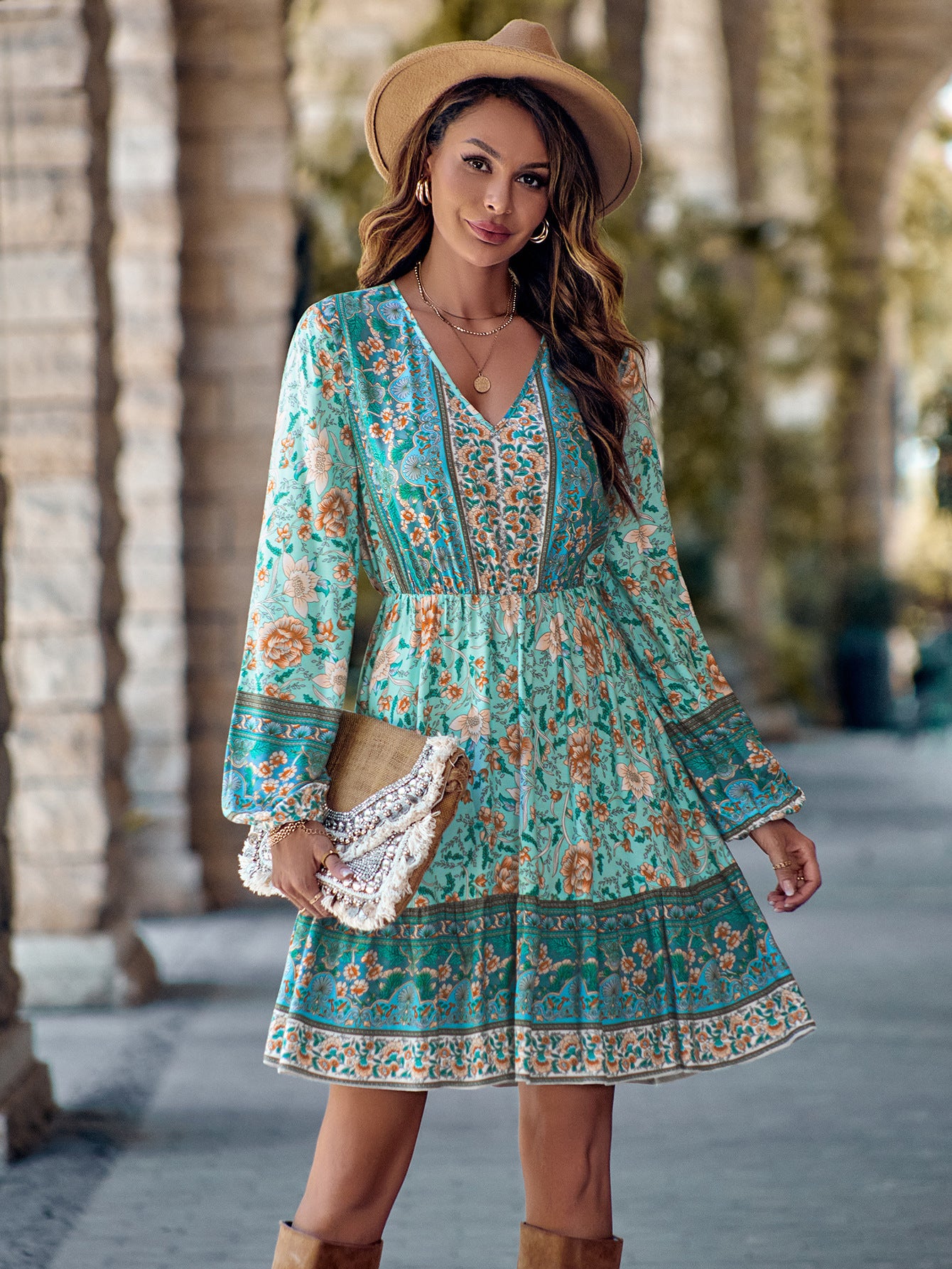 Printed V-neck Waist-controlled Long Sleeves Dress Women