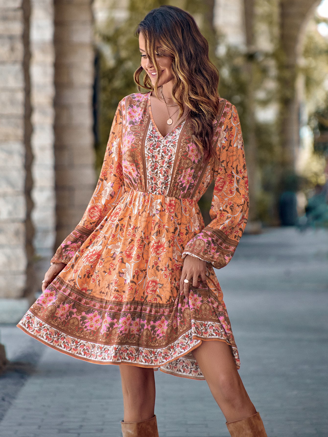 Printed V-neck Waist-controlled Long Sleeves Dress Women