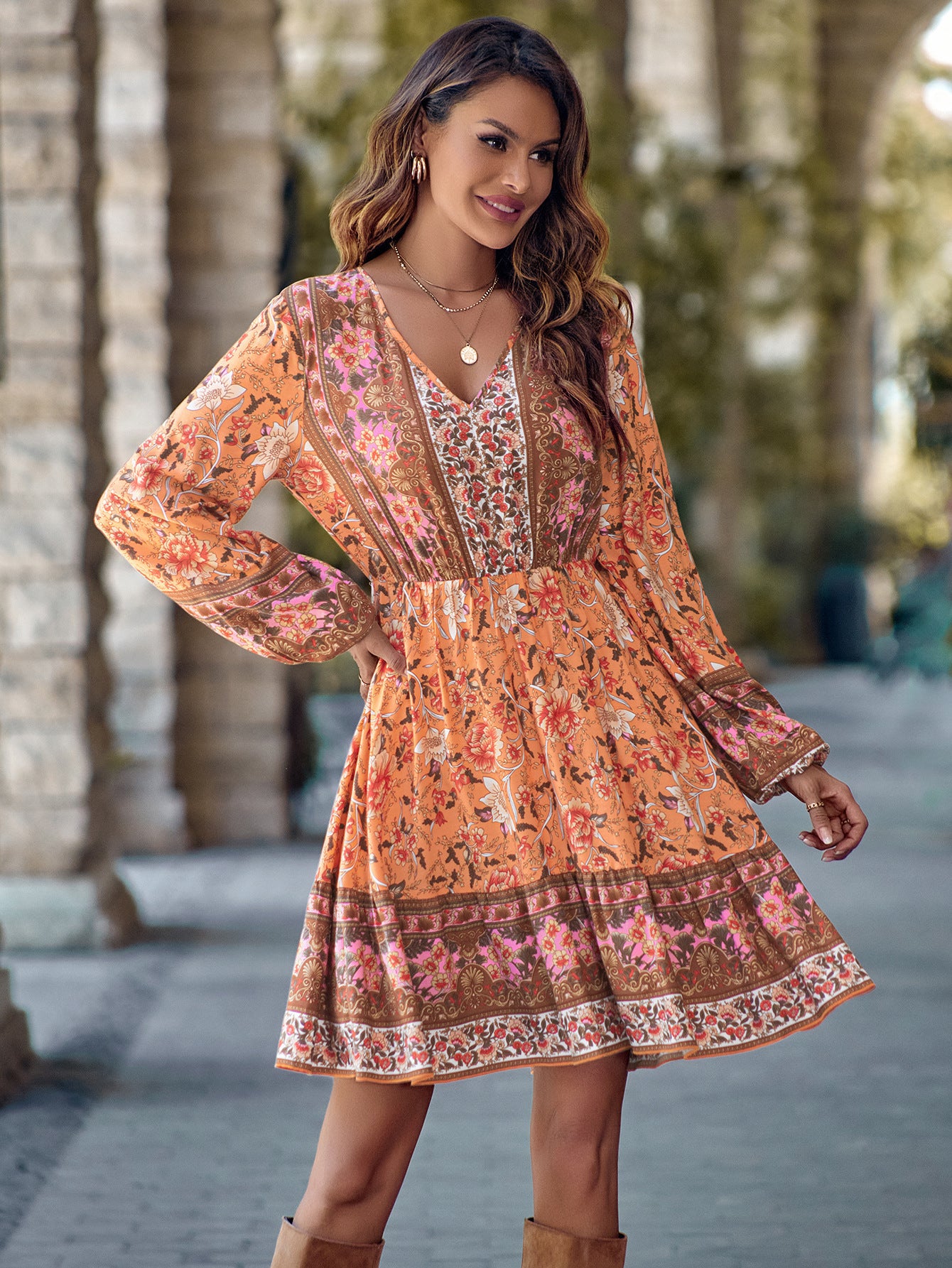 Printed V-neck Waist-controlled Long Sleeves Dress Women