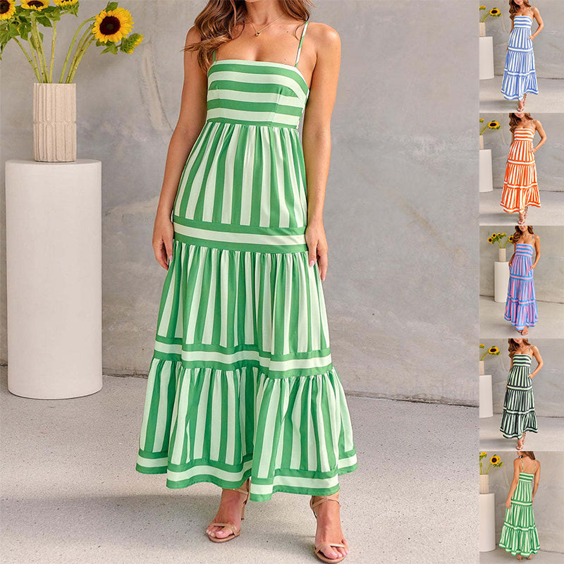 Robe Longue d'Été à Bretelles Imprimée Rayée avec Poches – Parfaite pour les Vacances à la Plage