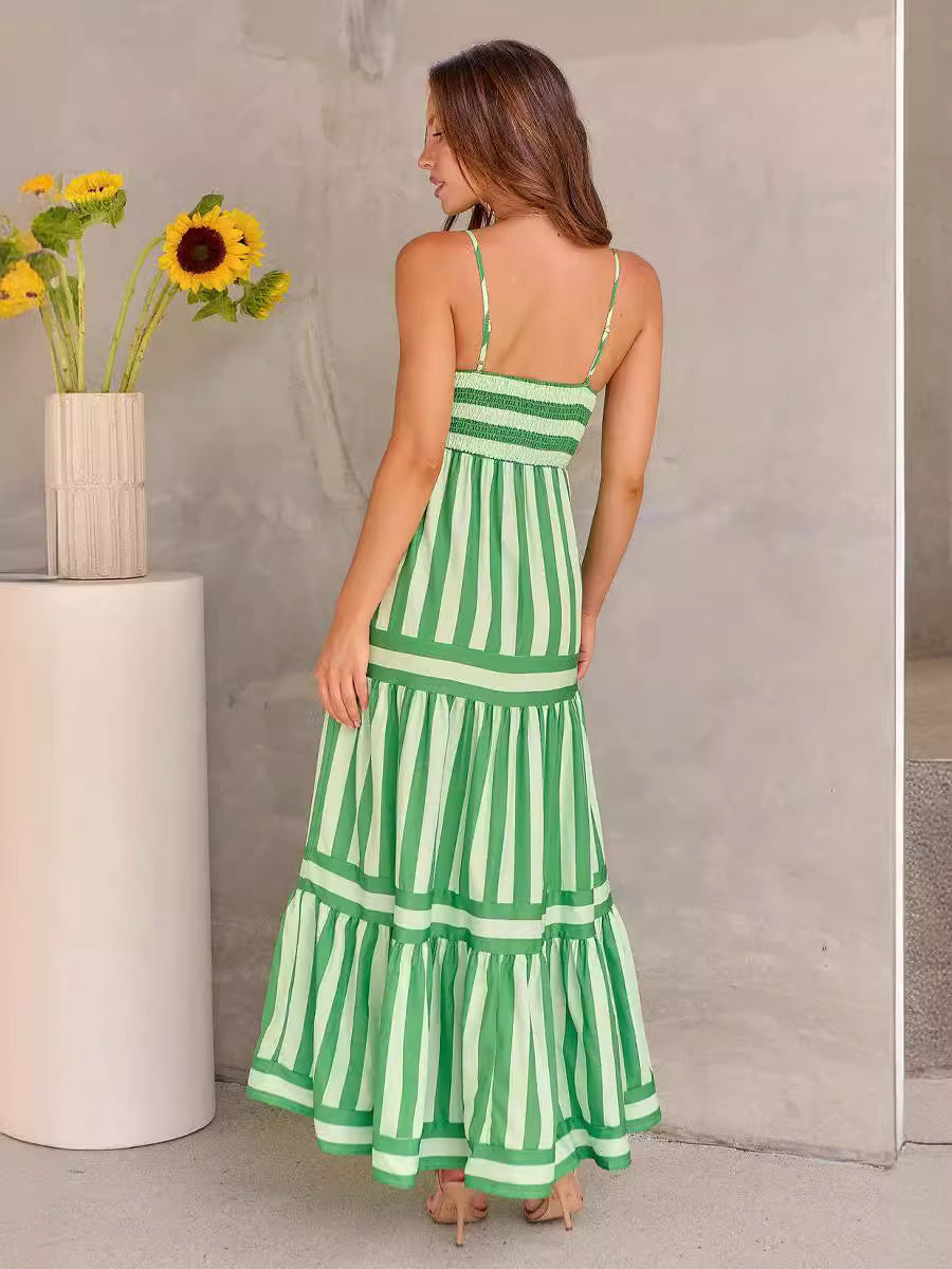 Robe Longue d'Été à Bretelles Imprimée Rayée avec Poches – Parfaite pour les Vacances à la Plage